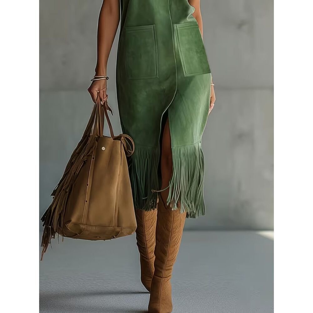 New Faux Suede Fringed Dress Forest Green Size Small